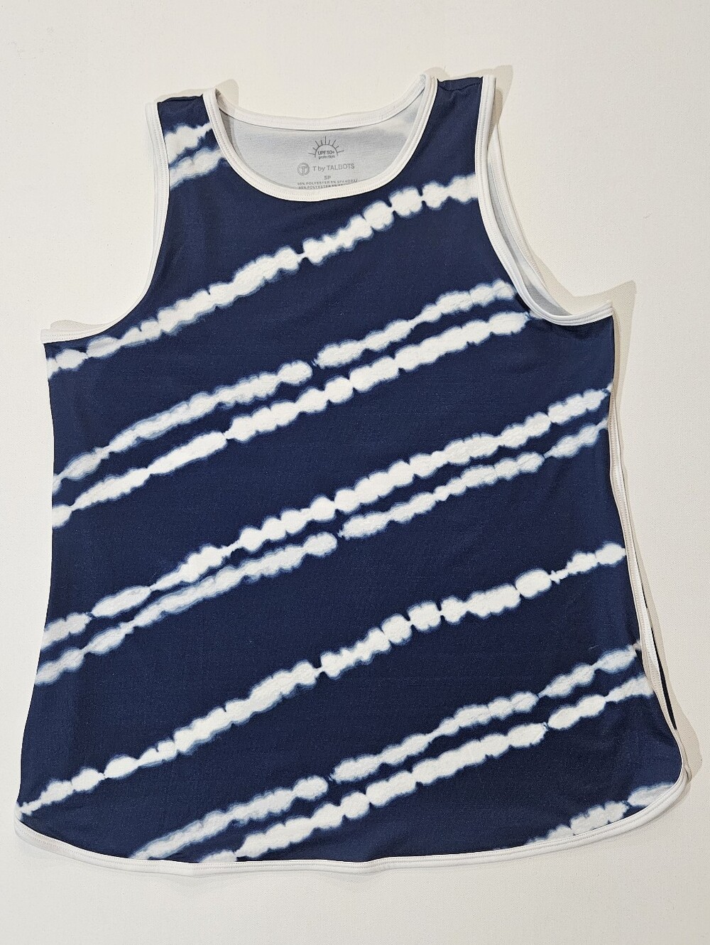 T By Talbots Tank Top Womens SP Navy Blue White Tie-Dye Stripe UPF 50 Protection
